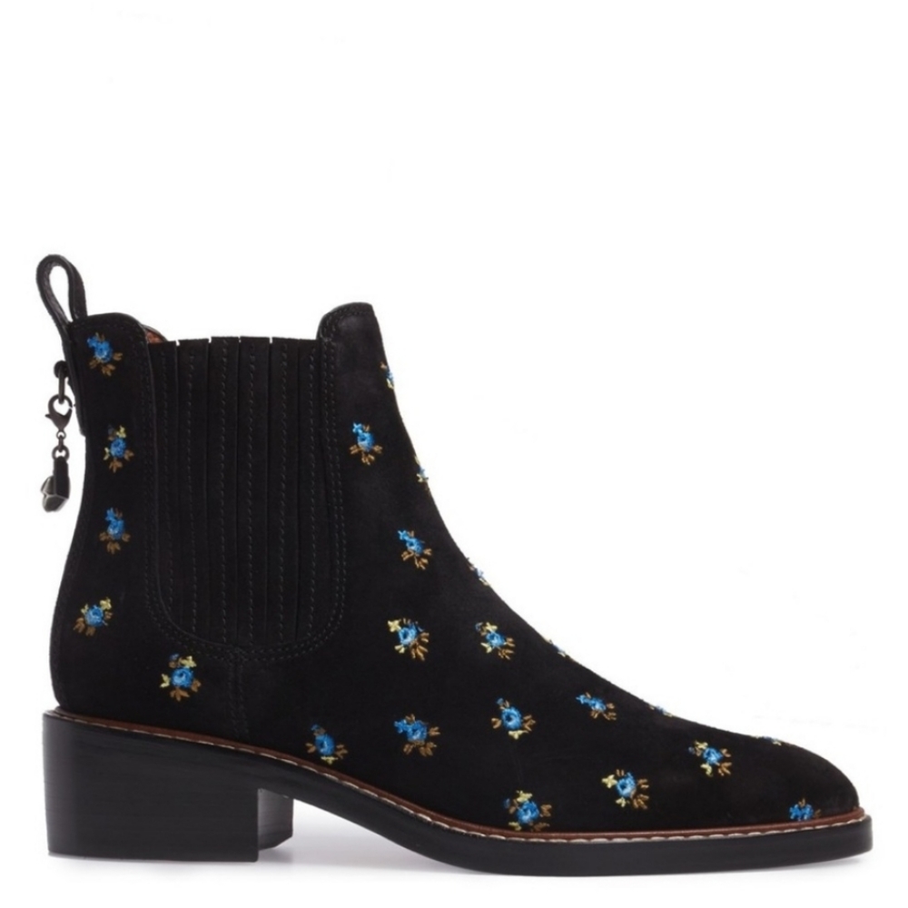 ❄️SALE❄️ Coach Black suede Chelsea Boots with Blue Floral Design